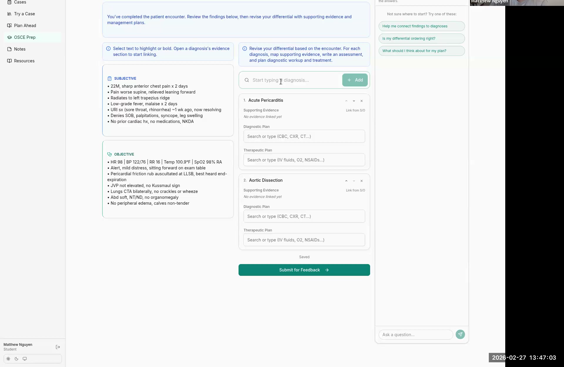 OSCE Prep — SOAP Note phase with Subjective/Objective findings, differential diagnosis, and Socratic AI chat panel