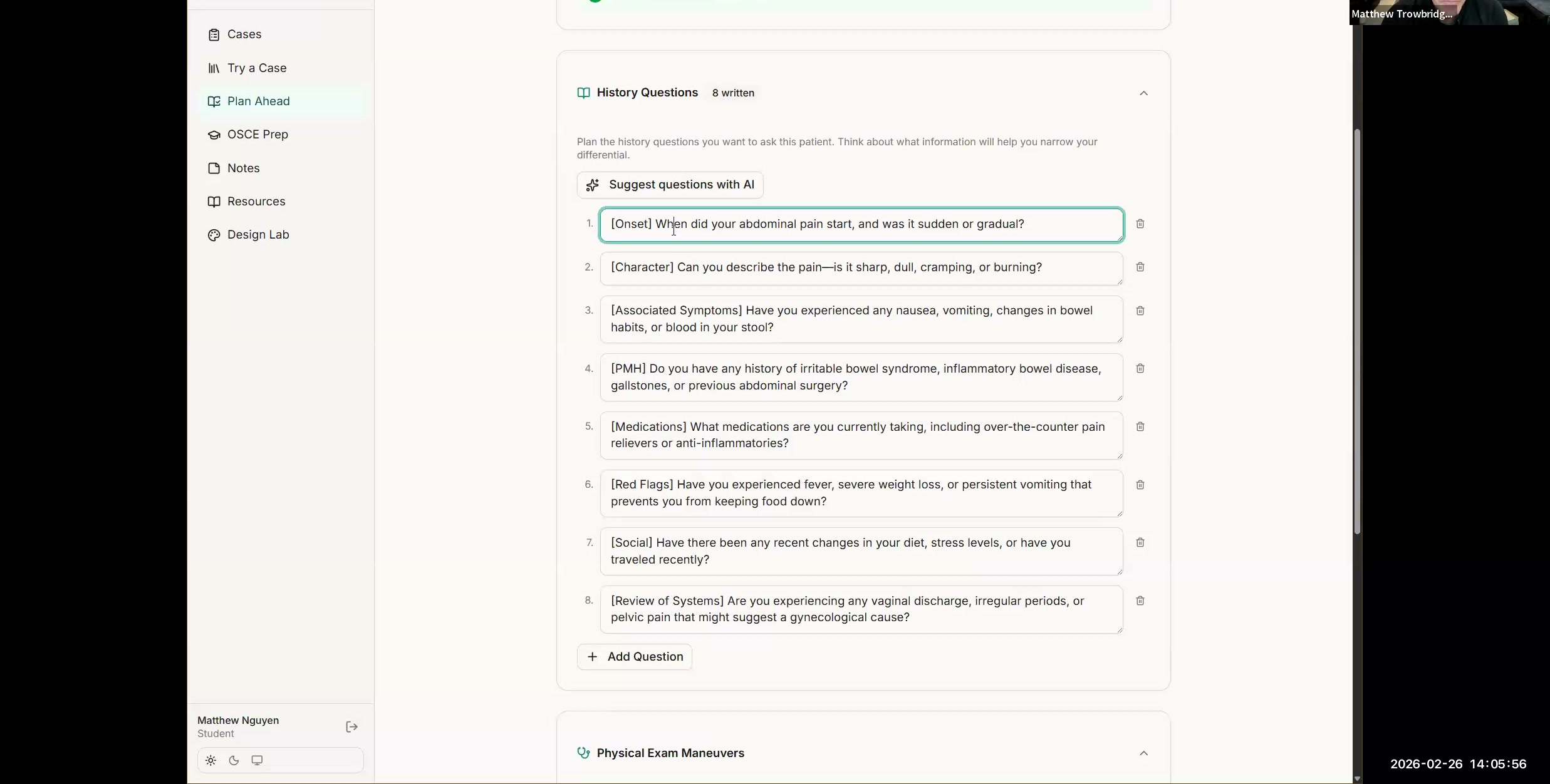 Plan Ahead showing AI-generated history questions for case preparation